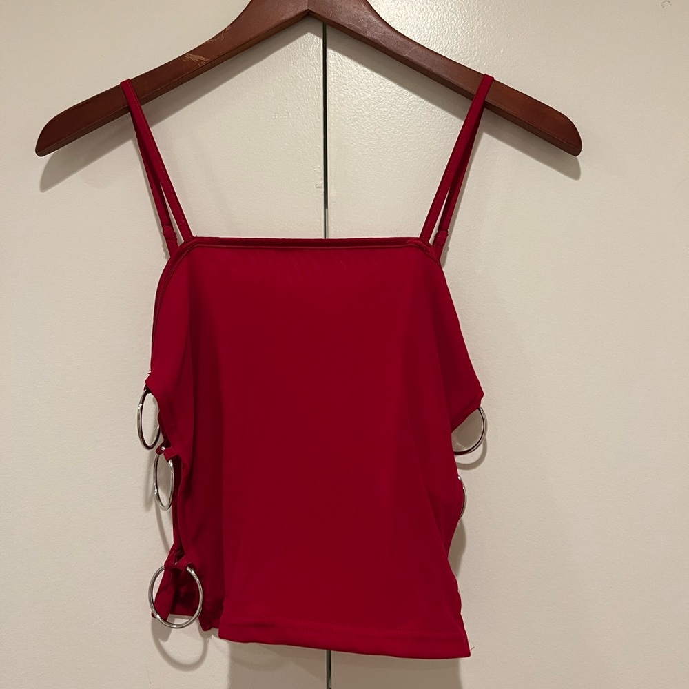 tiger mist red tank top with rings on side